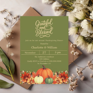 Grateful blessed moss green pumpkin Thanksgiving Invitation