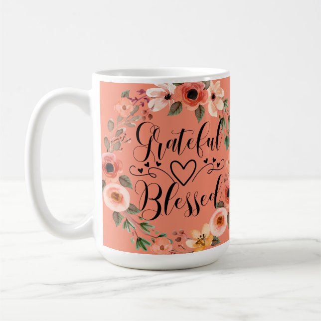 Grateful Blessed Mug - Watercolor Floral Wreath (Left)