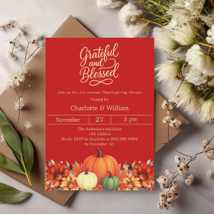 Grateful blessed pumpkin orange red Thanksgiving Invitation