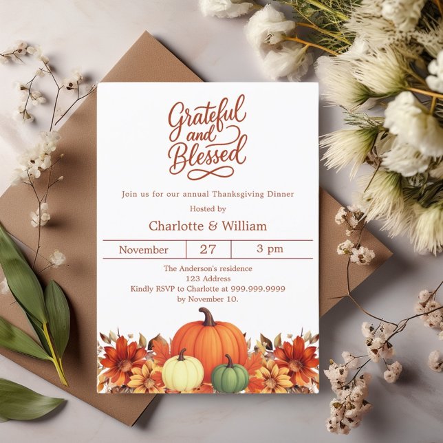 Grateful blessed pumpkin Thanksgiving Dinner Invitation (Creator Uploaded)