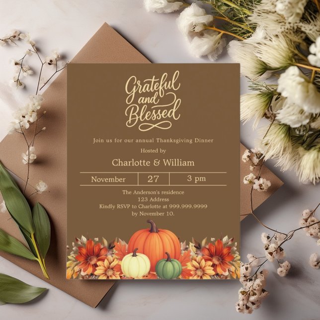 Grateful brown pumpkin Thanksgiving invitation (Creator Uploaded)