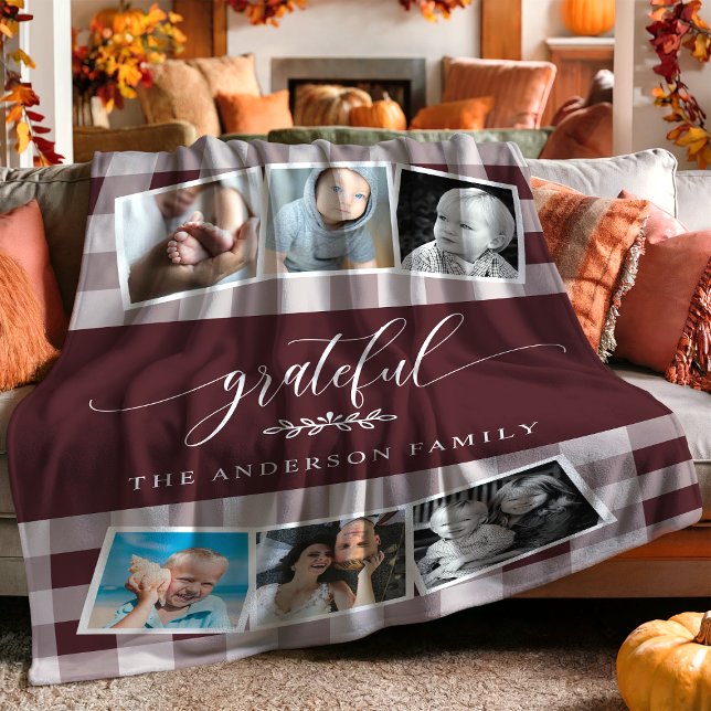 Grateful Burgundy Plaid Fall Family Photo Collage Fleece Blanket (Creator Uploaded)