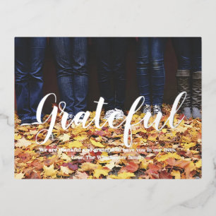 Grateful custom script and photo Thanksgiving Foil Holiday Postcard