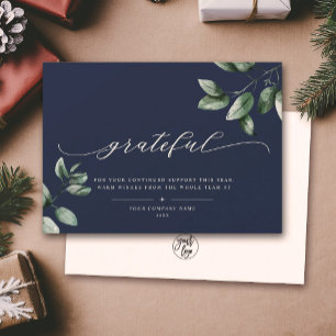 Grateful   Elegant Script Eucalyptus Business Logo Holiday Card