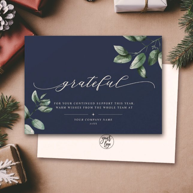 Grateful | Elegant Script Eucalyptus Business Logo Holiday Card (Creator Uploaded)