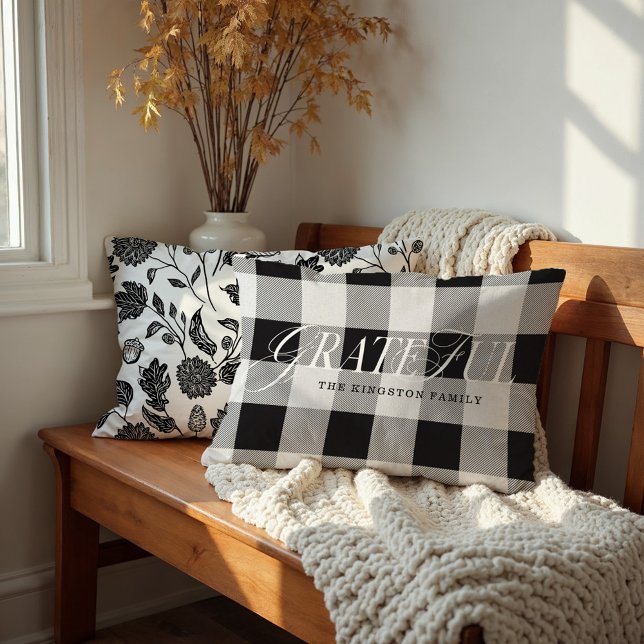 Grateful Family County Style Black Plaid Fall Leaf Lumbar Cushion (Grateful Family County Style Black Plaid Fall Leaf Lumbar Pillow)