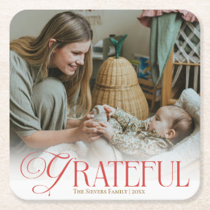 Grateful Family Photo Personalised Square Paper Coaster