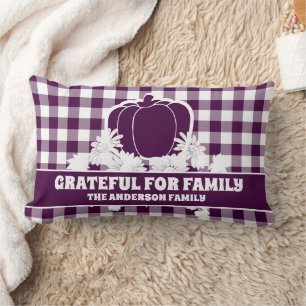 Grateful Family Purple Plaid Fall Pumpkin Vines Lumbar Cushion