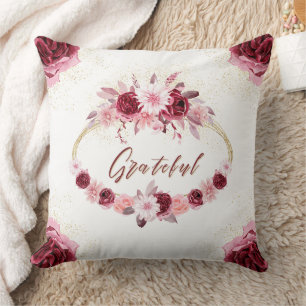 GRATEFUL Fancy Script Burgundy Floral Gold Wreath  Cushion