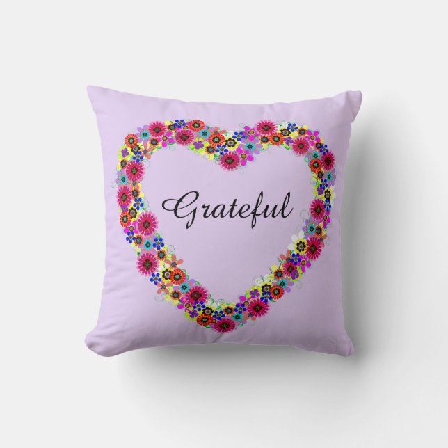 Grateful Floral Heart in Lavender Cushion (Front)