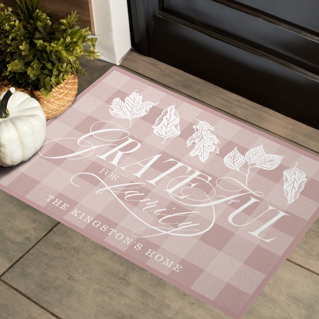 Grateful for Family Custom Name Leaves Pink Plaid Doormat (Grateful for Family Custom Name Leaves Pink Plaid Doormat)