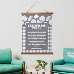 Grateful for Family Message Fall Flowers Plaid Hanging Tapestry