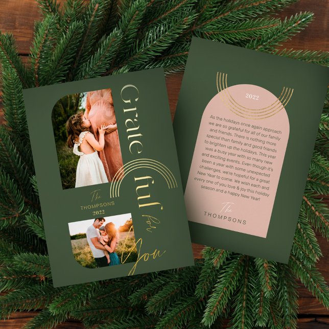 Grateful For You Modern Geometric Arch Two Photo (Grateful For You Modern Geometric Arch Two Photo Foil Holiday Card)