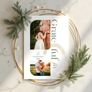 Grateful For You Modern Geometric Arch Two Photos Holiday Card