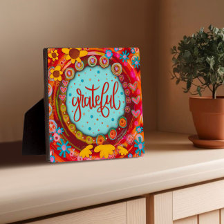Grateful Fun Whimsical Colourful Modern Easel Plaque