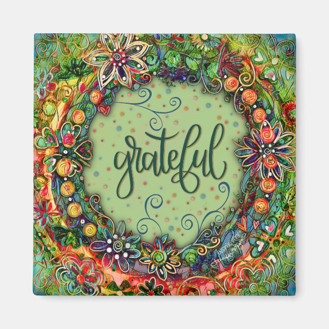 Grateful Green Fun Floral Modern Inspirivity Magnet (Front)