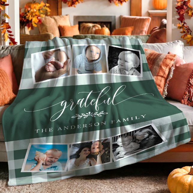 Grateful Green Plaid Fall Family 6 Photo Collage Fleece Blanket (Creator Uploaded)