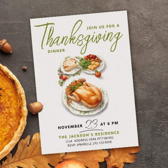 Grateful Green Thanksgiving Dinner Watercolor Invitation (Creator Uploaded)