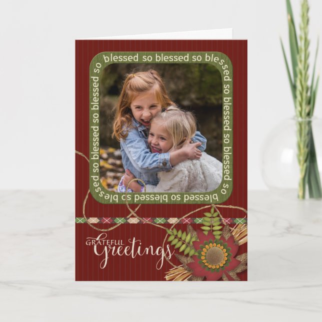 Grateful Greetings Scrapbook effect Thanksgiving Holiday Card (Front)
