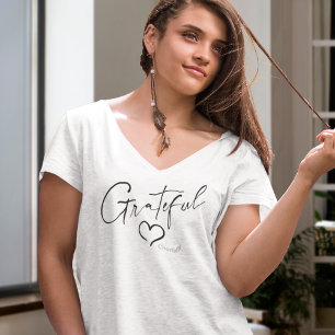 Grateful Heart   Handwritten Ink Script V-Neck T-Shirt