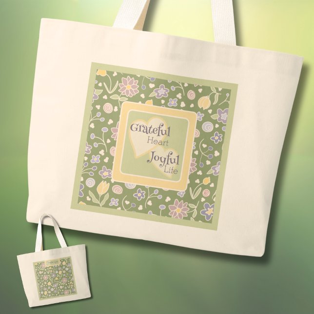 Grateful Heart Joyful Life Personalized Tote Bag  (Grateful Heart Joyful Life Personalized Tote Bag – Floral Green Inspirational Gift)