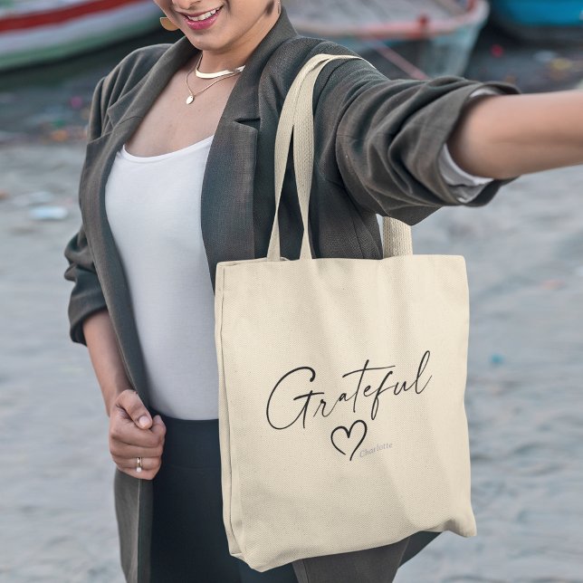 Grateful Heart | Your Name Minimal Ink Script Tote Bag (Creator Uploaded)