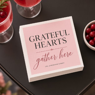 Grateful Hearts Gather Here Pink Personalised Napkin