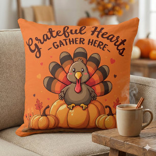 Grateful Hearts Thanksgiving Turkey Orange Cushion