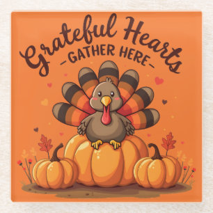 Grateful Hearts Thanksgiving Turkey Orange Glass Coaster