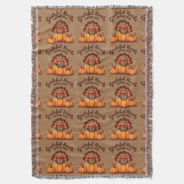 Grateful Hearts Thanksgiving Turkey Throw Blanket (Front Vertical)