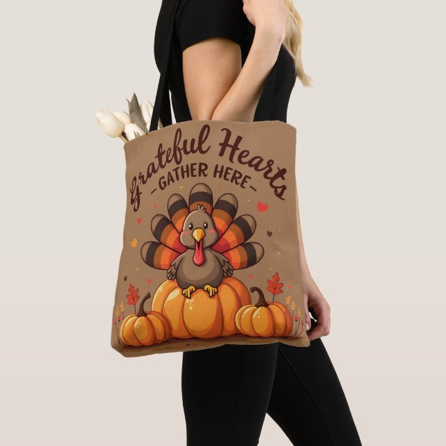 Grateful Hearts Thanksgiving Turkey Tote Bag (Close Up)