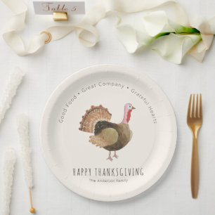 Grateful Hearts Watercolor Turkey Thanksgiving Paper Plate