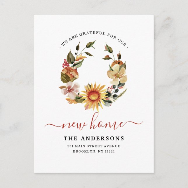 Grateful New Home We've Moved Fall Wreath Moving Announcement Postcard (Front)