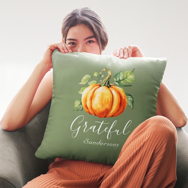 Grateful Orange Pumpkin Moss Green Personalised Cushion (Creator Uploaded)