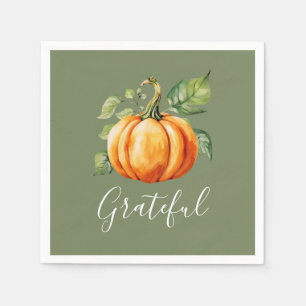 Grateful Orange Pumpkin Thanksgiving Moss Green Napkin