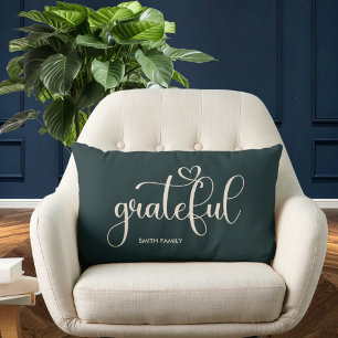 Grateful Personalized Family Name Dark Green Lumbar Cushion