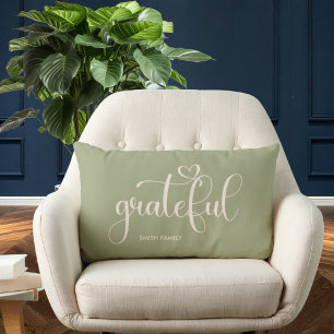Grateful Personalized Family Name Sage Green Lumbar Cushion
