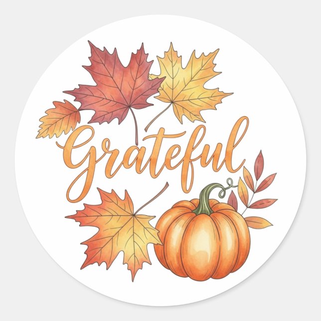 Grateful Pumpkin & Autumn Leaves Classic Round Sticker (Front)