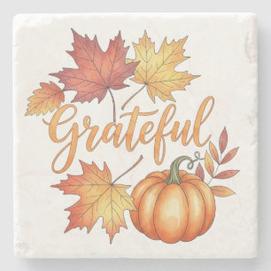 Grateful Pumpkin & Autumn Leaves Stone Coaster