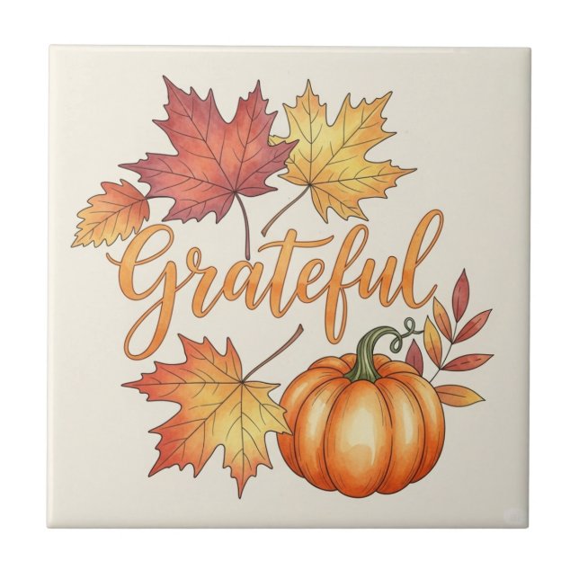 Grateful Pumpkin & Autumn Leaves  Tile (Front)