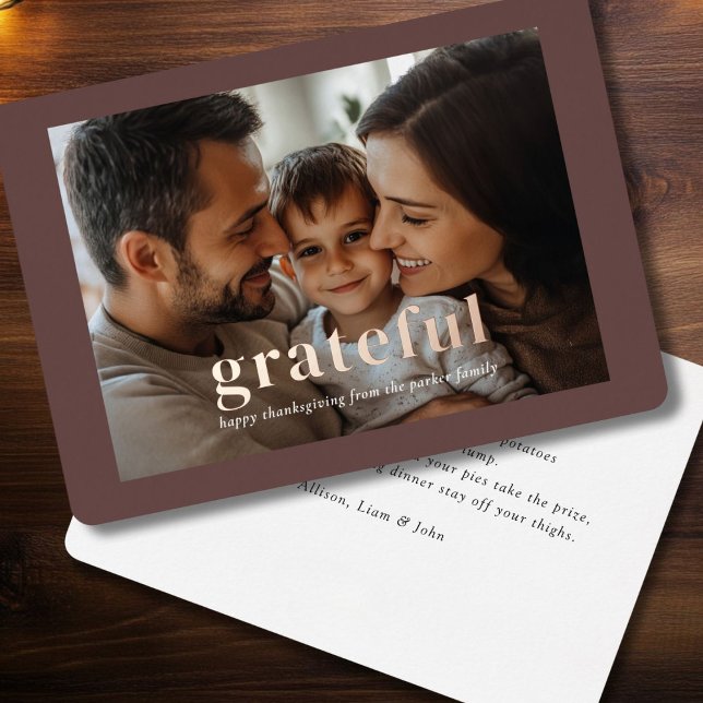 "Grateful" Rose-Gold-Foil, Photo ("Grateful" Modern, Minimal, Elegant, Rose-Gold-Foil, Photo Card.)