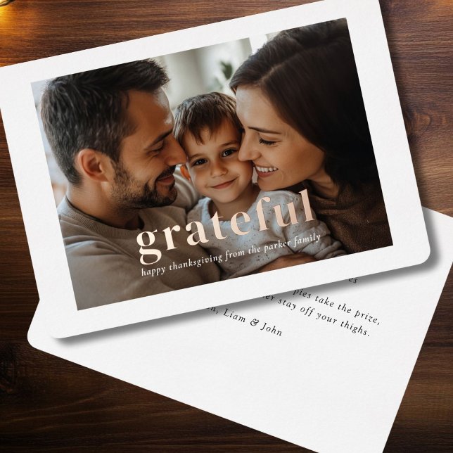 "Grateful" Rose-Gold-Foil, Photo ("Grateful" Modern, Minimal, Elegant, Rose-Gold-Foil, Photo Card.)