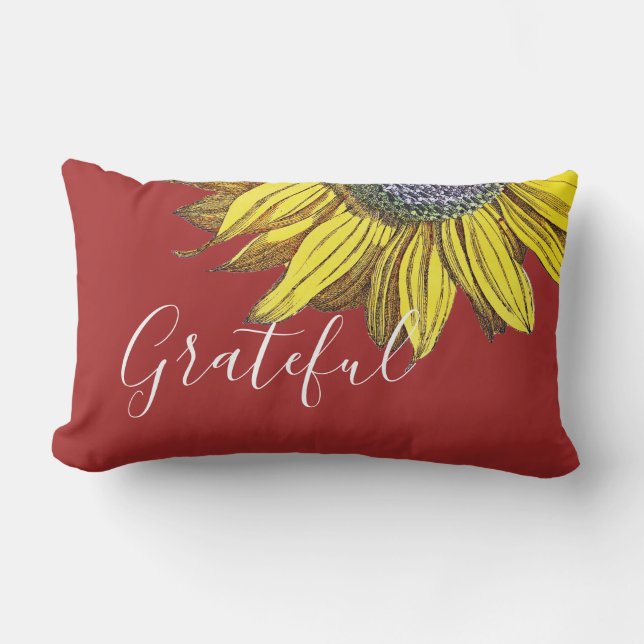 Grateful Sunflower on Auburn Red Lumbar Cushion (Front)
