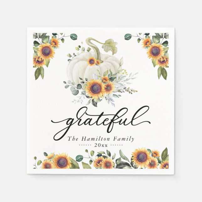 Grateful Sunflowers Pumpkin Greenery Thanksgiving Napkin (Front)