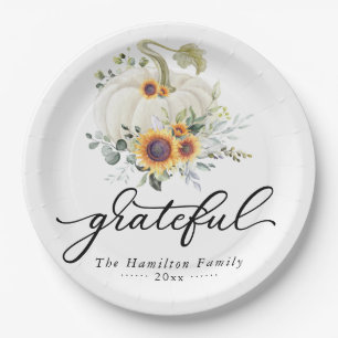 Grateful Sunflowers White Pumpkin Thanksgiving Paper Plate