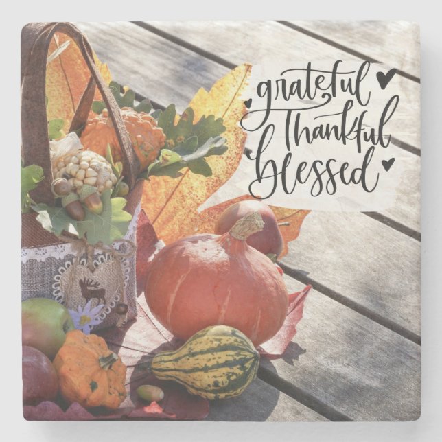 Grateful Thankful Blessed Autumn Gourds Stone Coaster (Front)
