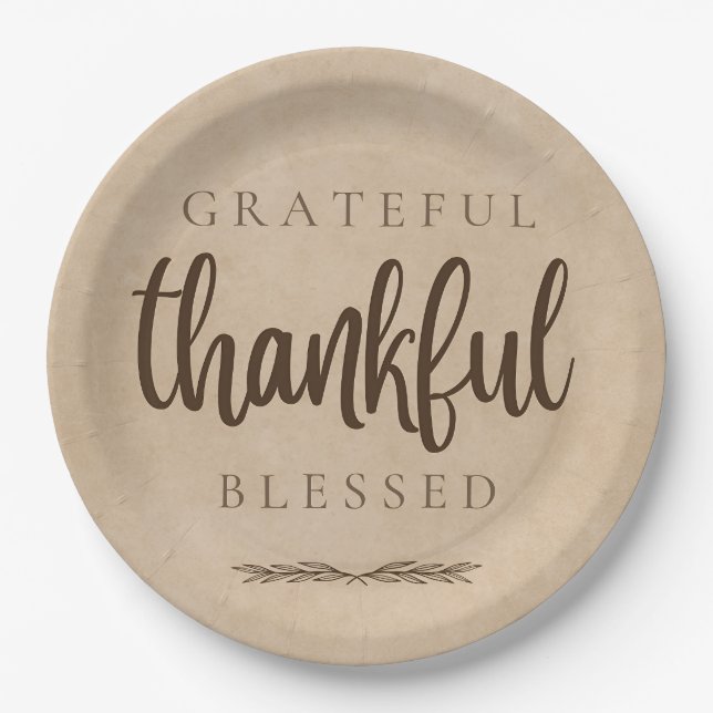 Grateful Thankful Blessed Brown Paper Plate (Front)