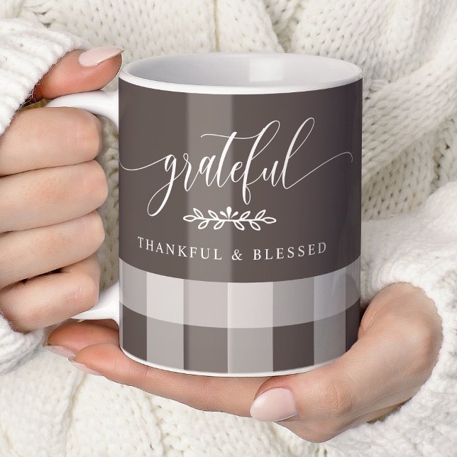 Grateful Thankful Blessed Brown & White Plaid Coffee Mug (Creator Uploaded)