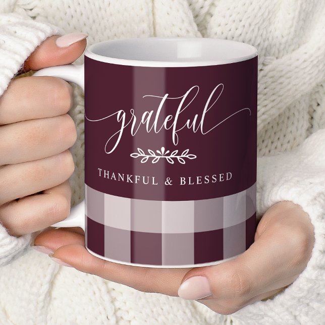 Grateful Thankful Blessed Burgundy & White Plaid Coffee Mug (Creator Uploaded)