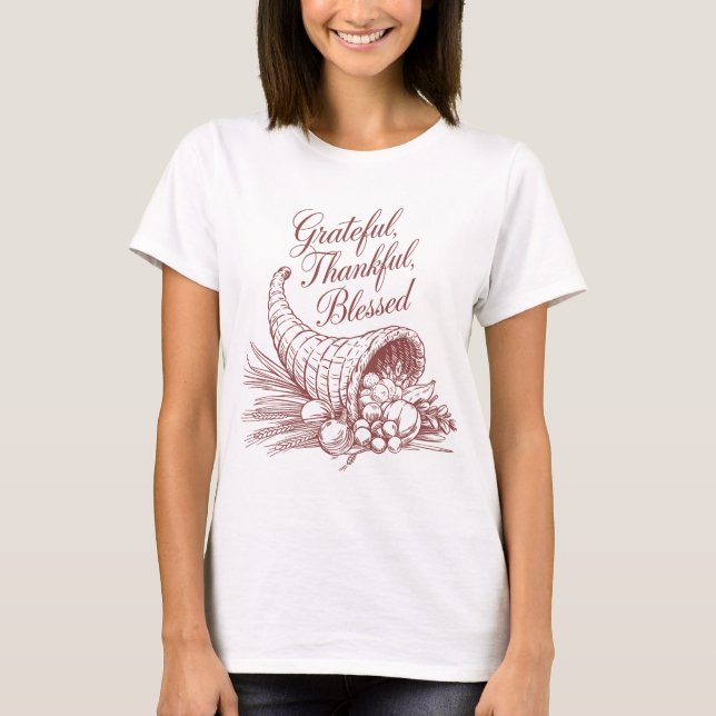 Grateful Thankful Blessed Cornucopia Line Art T-Shirt (Front)